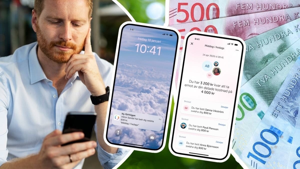Man med mobiltelefon, Swish-appen och svenska sedlar