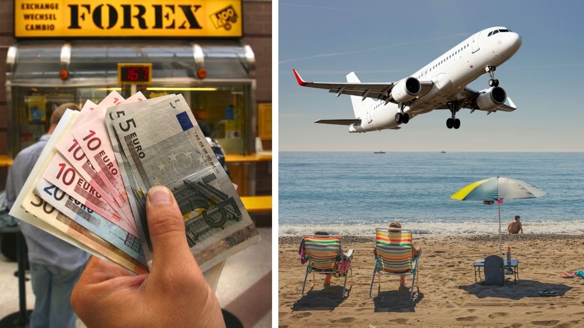 Valuta euro på forex banken och en strand utomlands med solstolar.