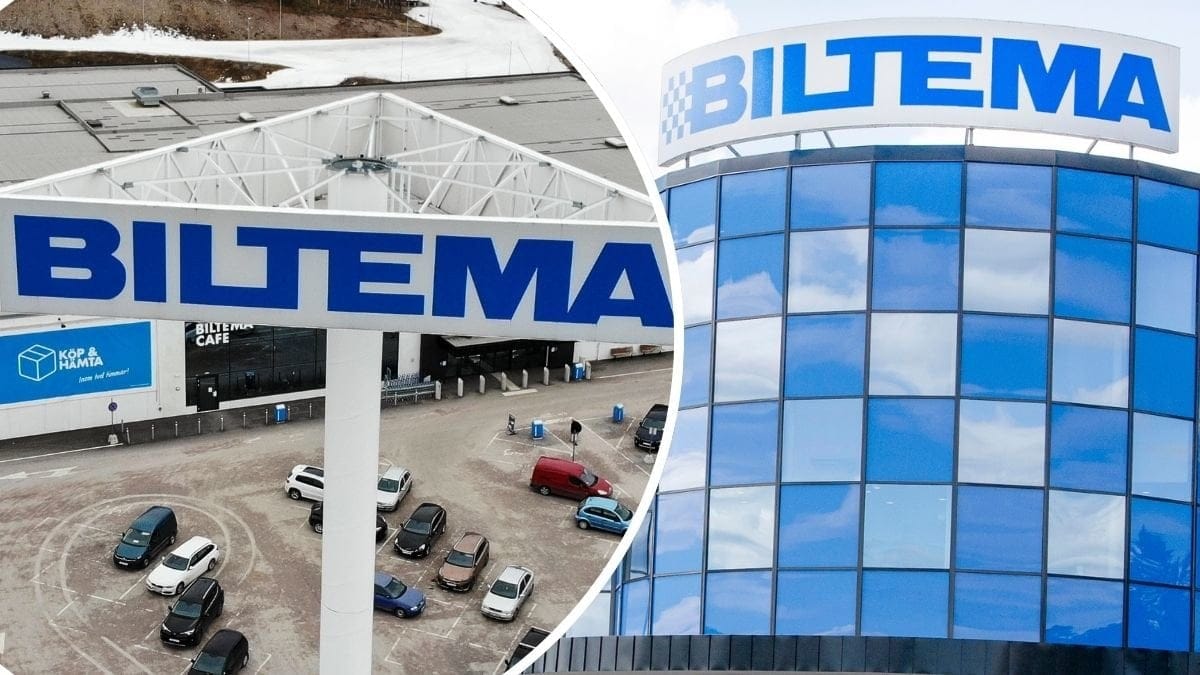 Bilder på Biltema-skyltar och en entré.