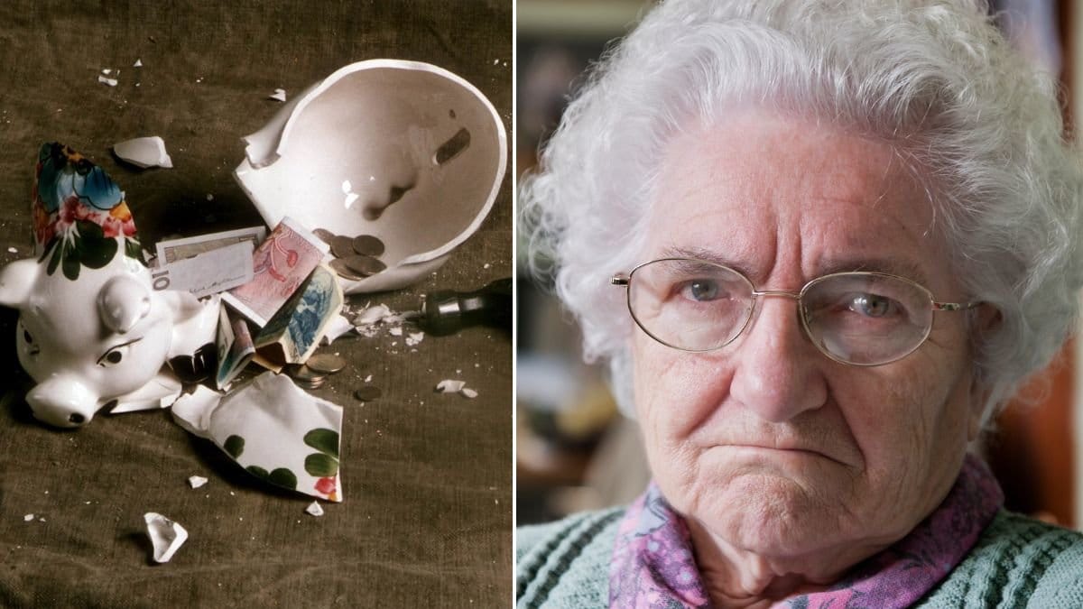 Krossad spargris och missnöjd äldre kvinna.