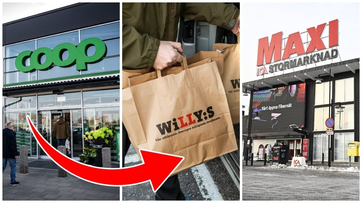 Coop-butik, Willys-påse och Ica Maxi-butik. 