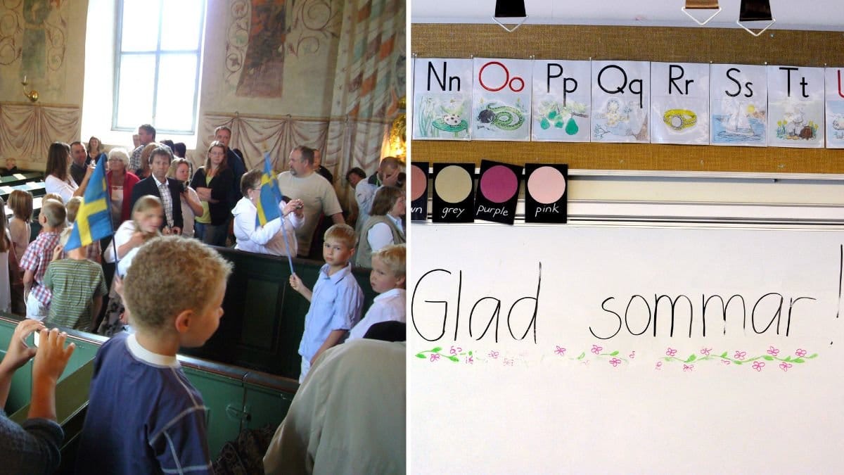 Barn i kyrka på skolavslutning och ett klassrum.