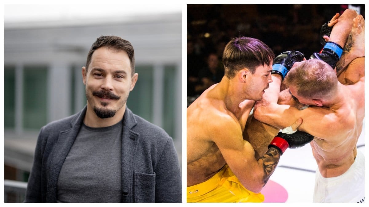 Till vänster står Simon Sköld i gråa kläder och ler. Till höger syns han brottas eller boxas med en motståndare i en match.