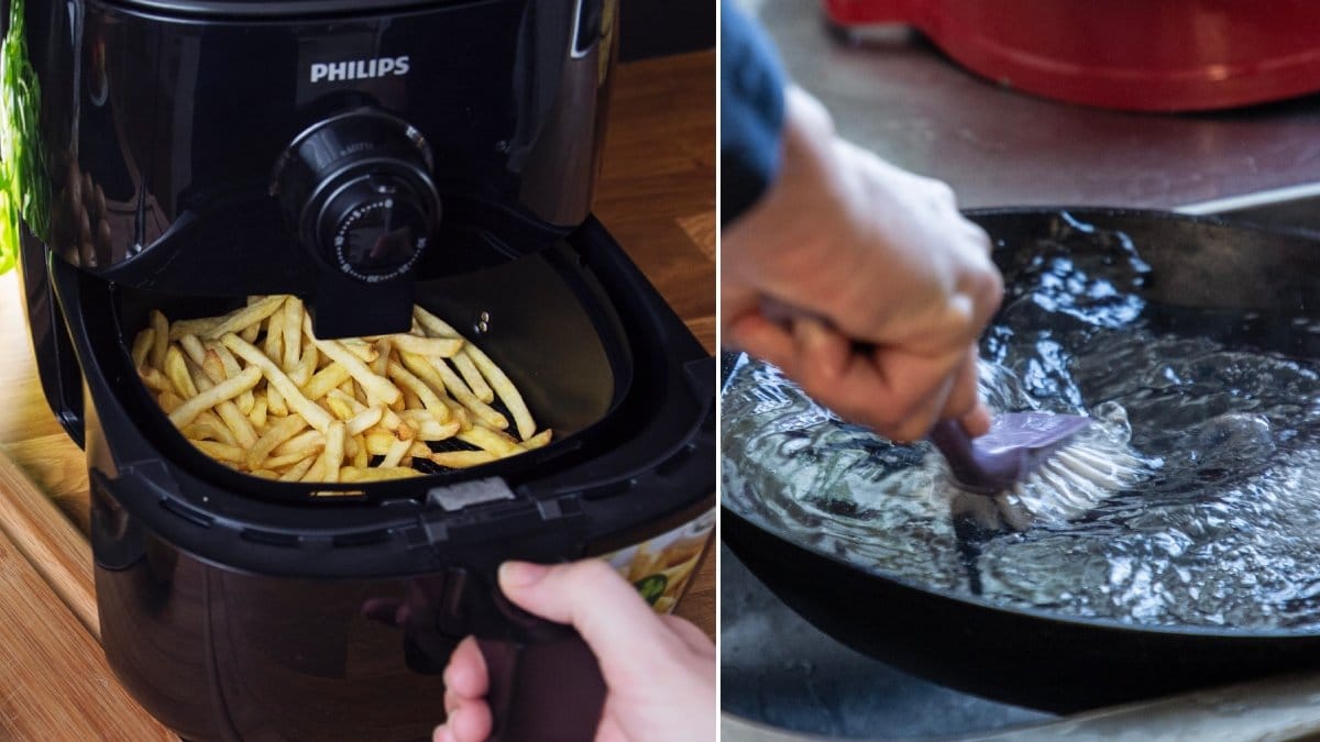 En airfryer med pommes frites och en hand som handdiskar.