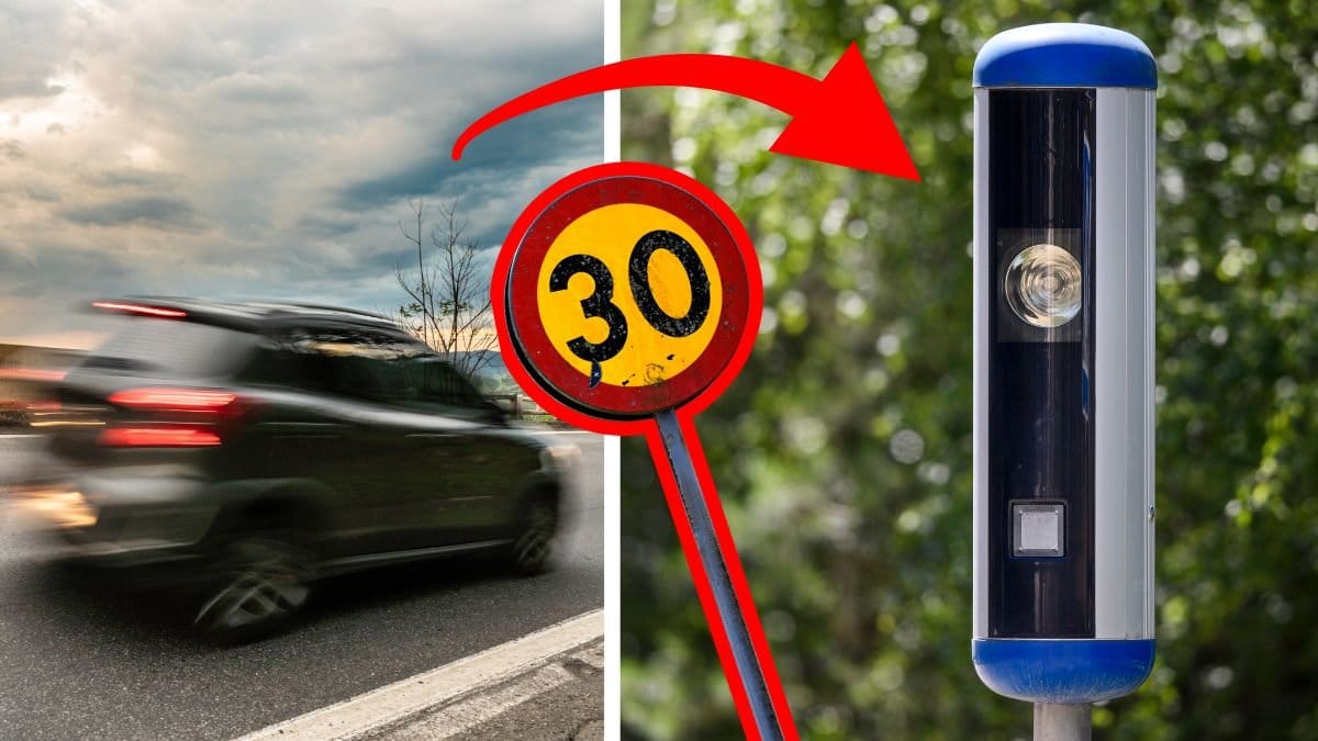 Bil väntser. Fartkamera höger. Utklippt hastighets-skylt i mitten.