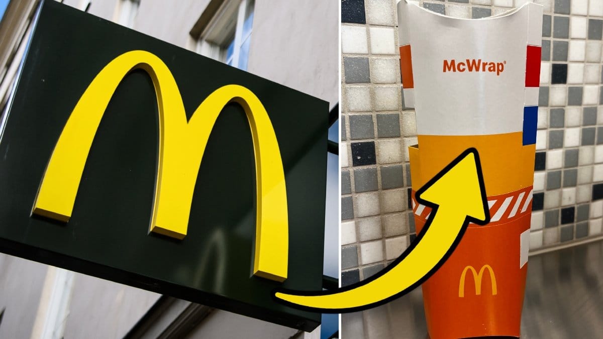 Bild på McDonalds logga och en McWrap-förpackning.