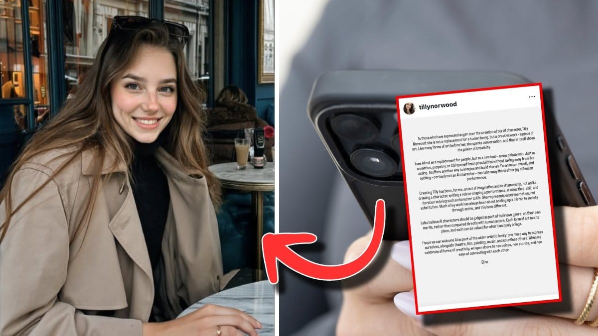 En bild på Tilly Norwood till häger, AI-genererad. En bild på en person som håller i en svart mobiltelefon till höger. Över den är en printscreen på ett uttalande från Tilly Norwoods skapare på Instagram. En röd pil pekar från uttalandet till Tilly Norwood. 