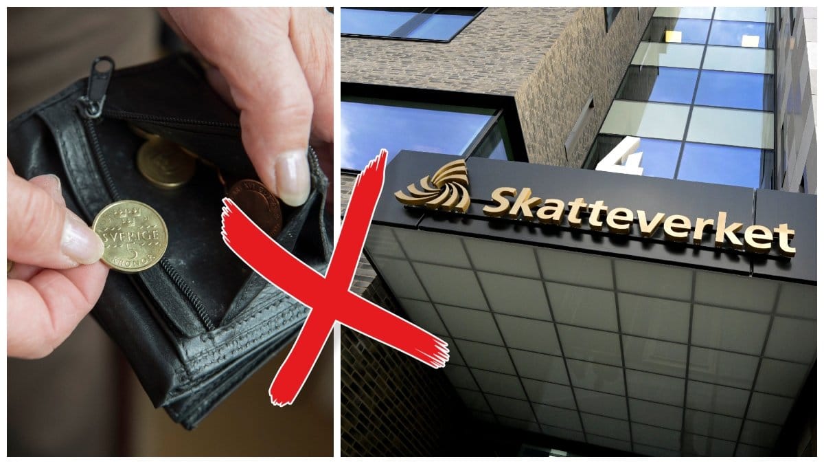 Plånbok med mynt och Skatteverkets skylt. 