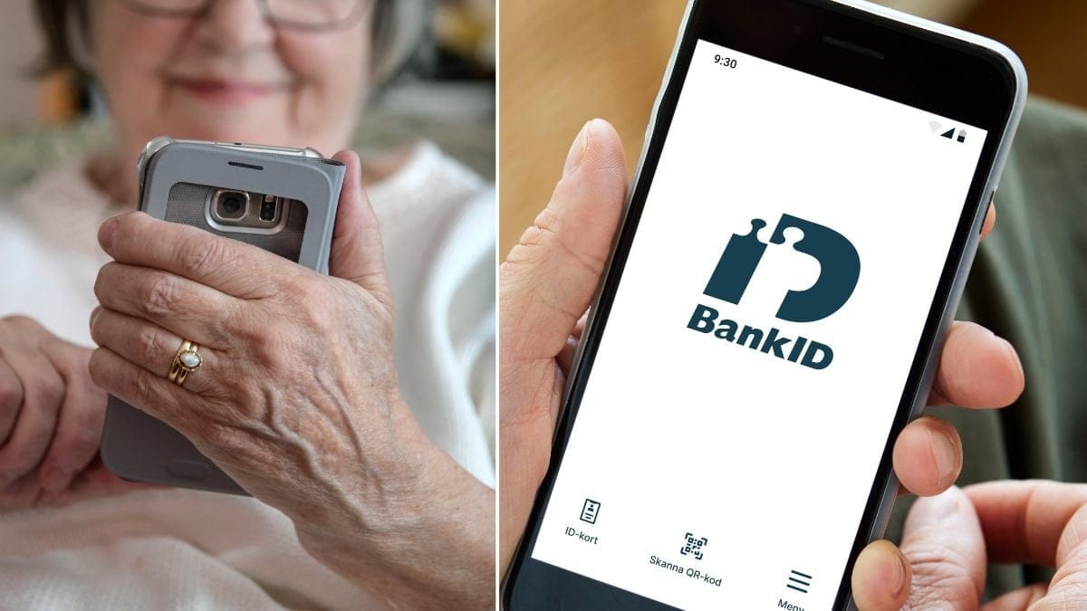Kvinna med mobil och BankID-appen.
