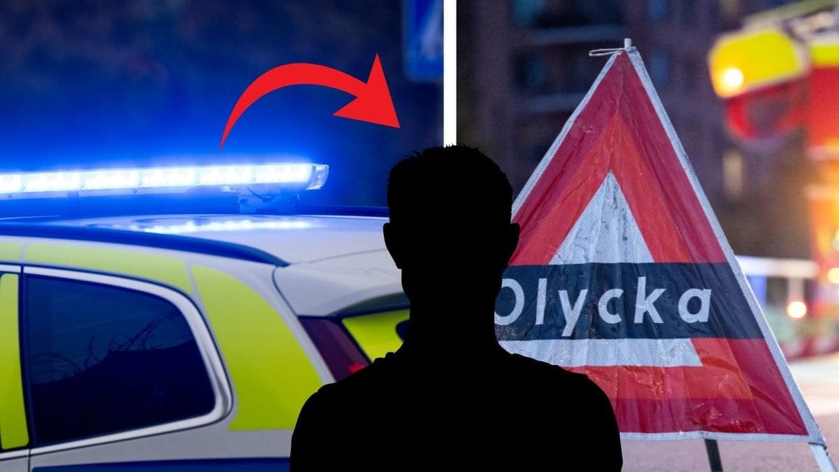 Blåljus vänster, olyckaskylt höger. Svart siluett av en man i mitten. 