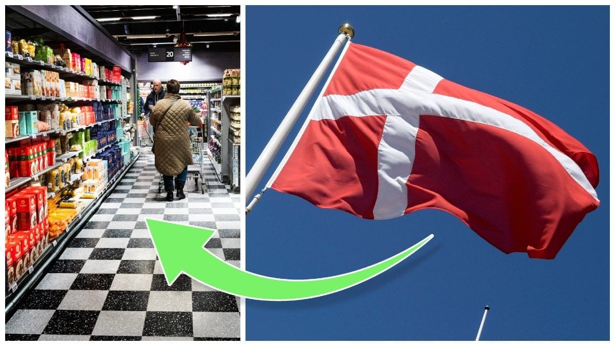 Personer handlar i matbutik och en dansk flagga.