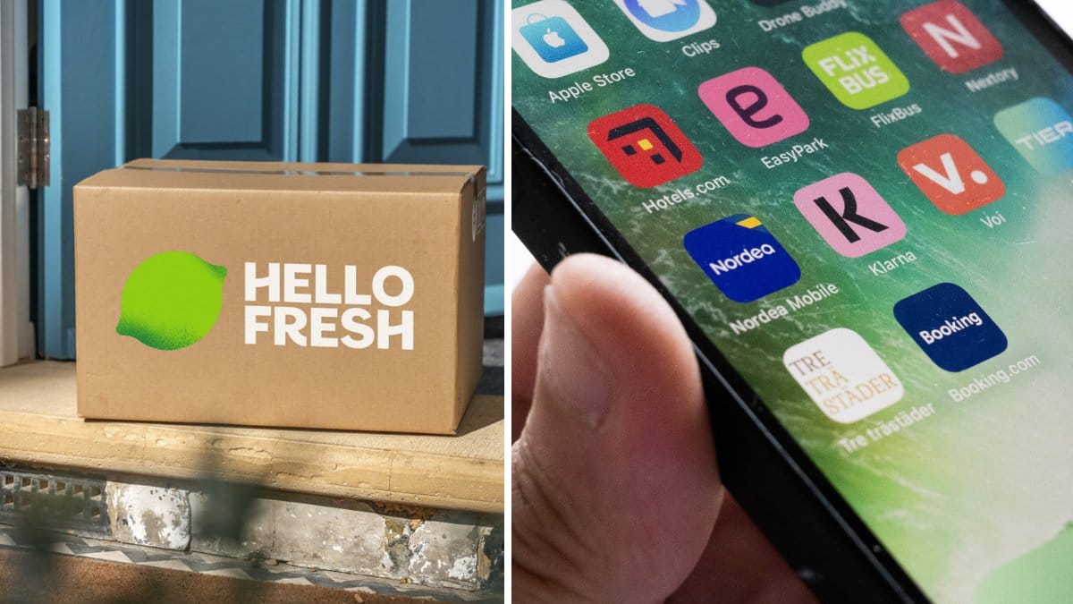 HelloFresh-låda vid dörren vänster. En mobil med massa appar uppe höger.