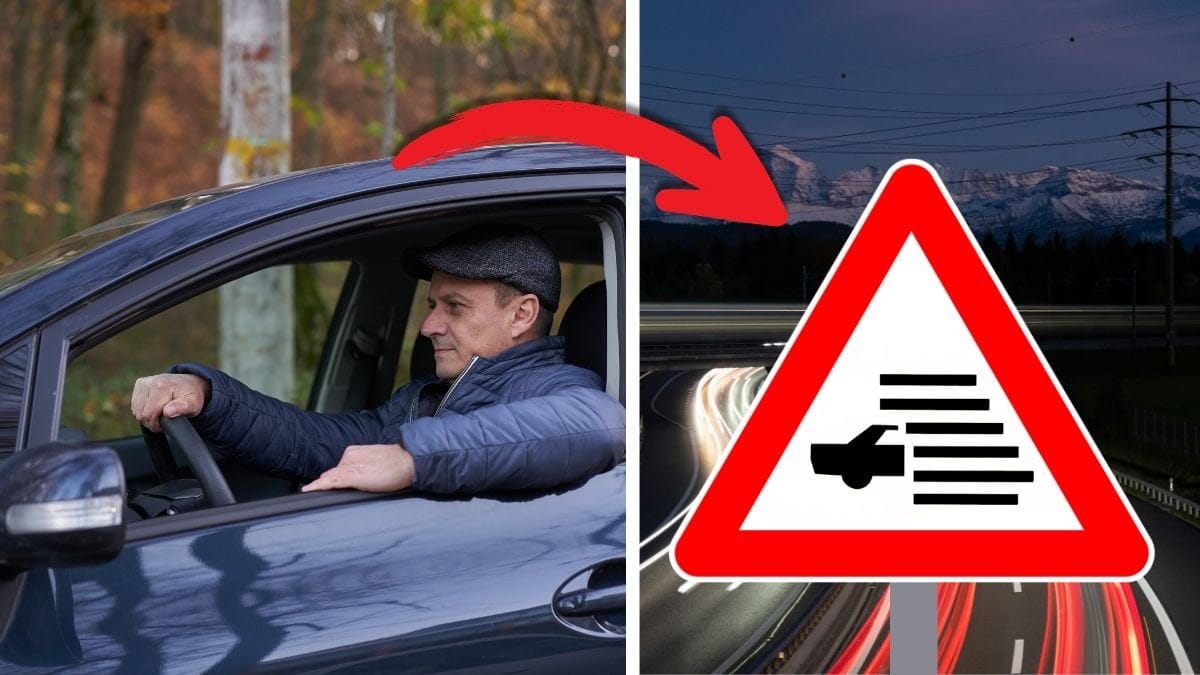 Bilförare och vägmärke.