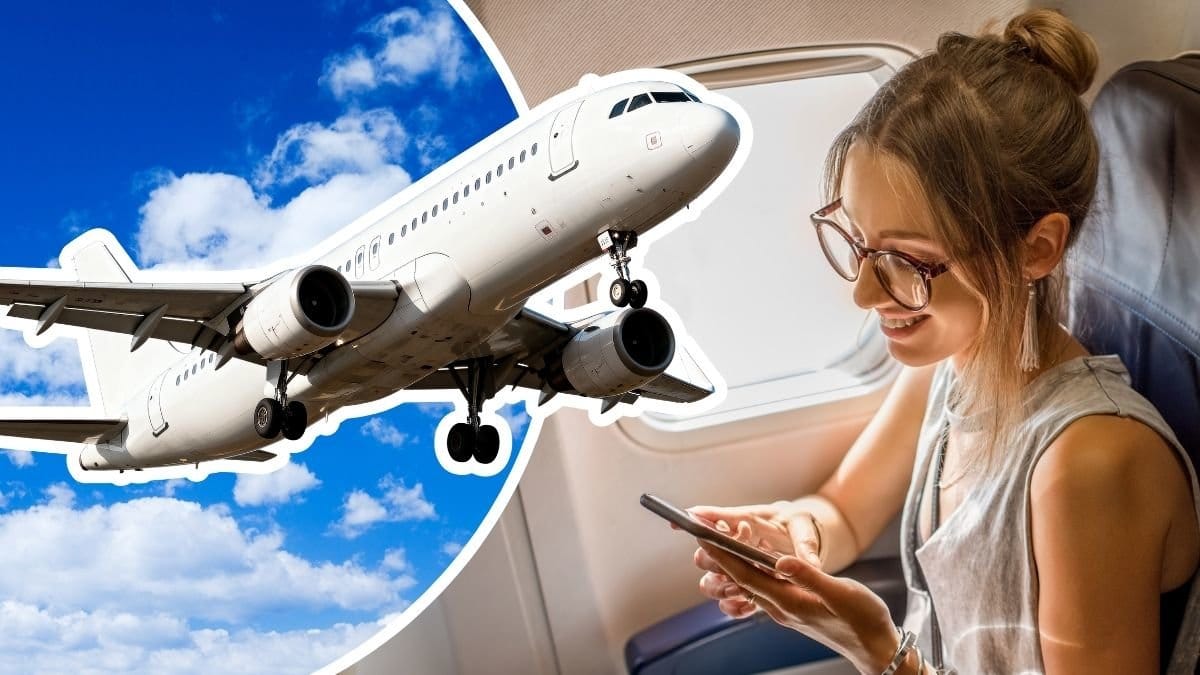 Flygplan och kvinna med mobiltelefon ombord på flygplan