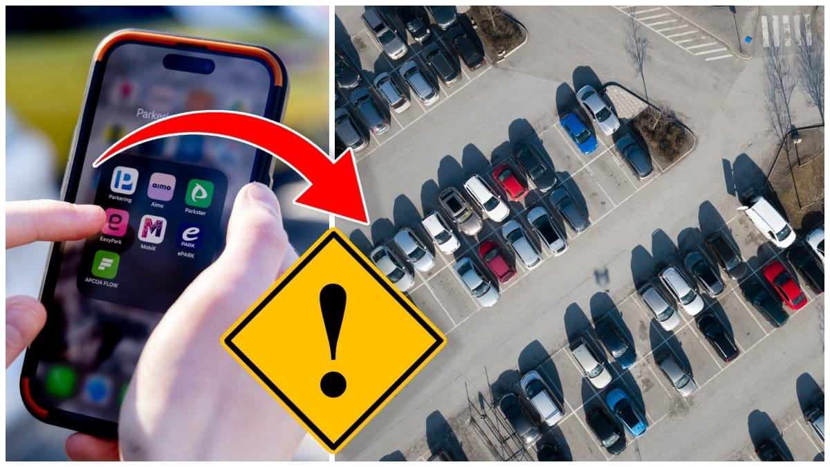 Mobiltelefon med parkeringsappar och parkeringsplats med bilar.