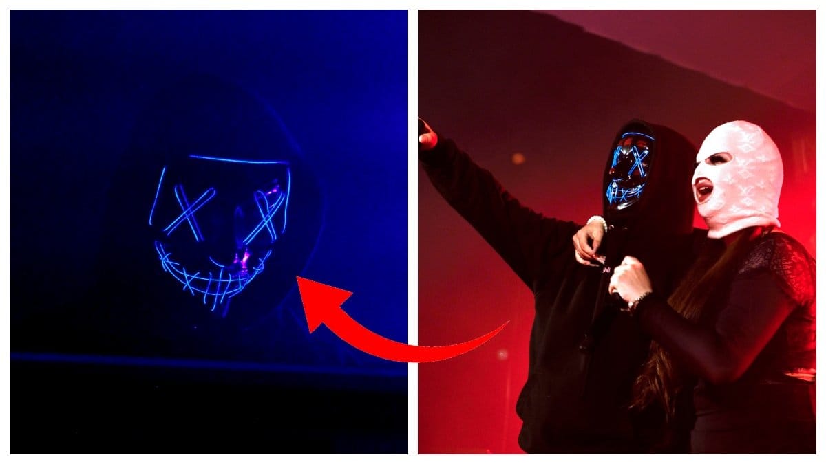 Rasmus Gozzis mask till vänster, en mörk mask med blåa detaljer. Till höger syns Rasmus Gozzi och Fröken snusk, hon i sin rosa mask.