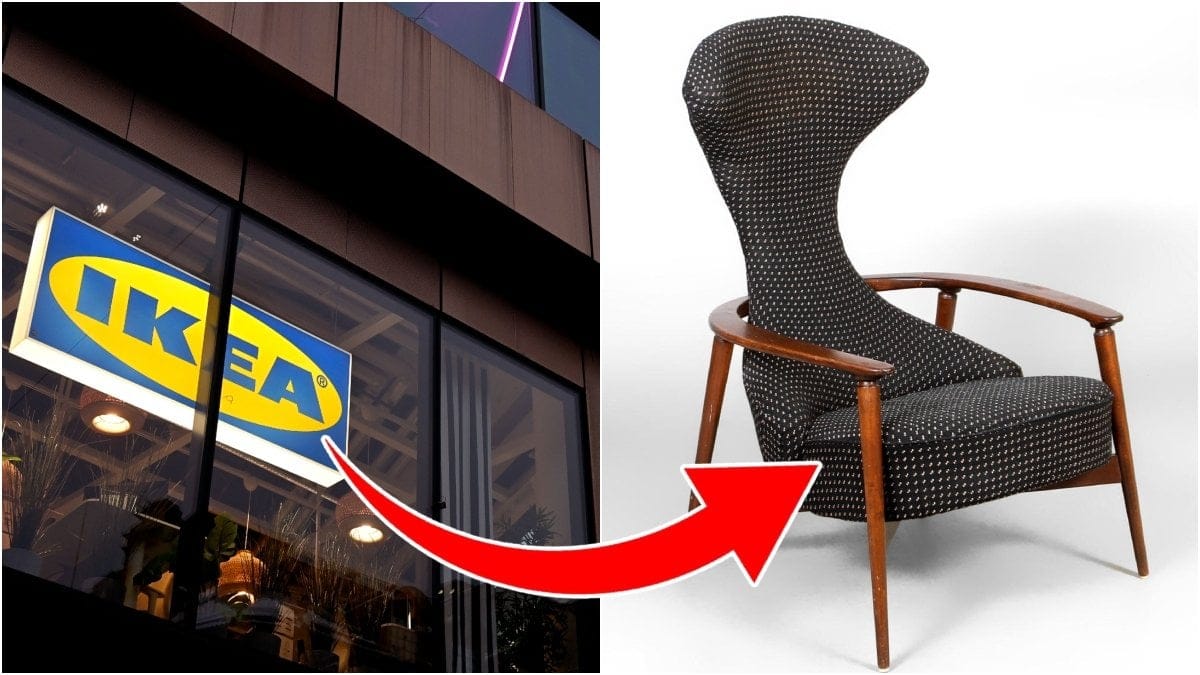 Bild på Ikeas varuhus och en bild på fåtöljen ''Cavelli'' från Ikea som tillverkades på 50-talet.