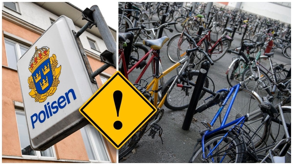 Polisens skylt och cyklar i cykelställ