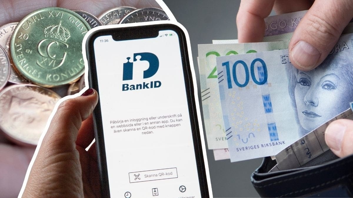 Svenska mynt, BankID-appen i en mobiltelefon och sedlar i en plånbok