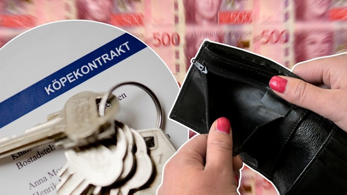Pengar, tom plånbok och ett köpekontrakt med nycklar på sig.