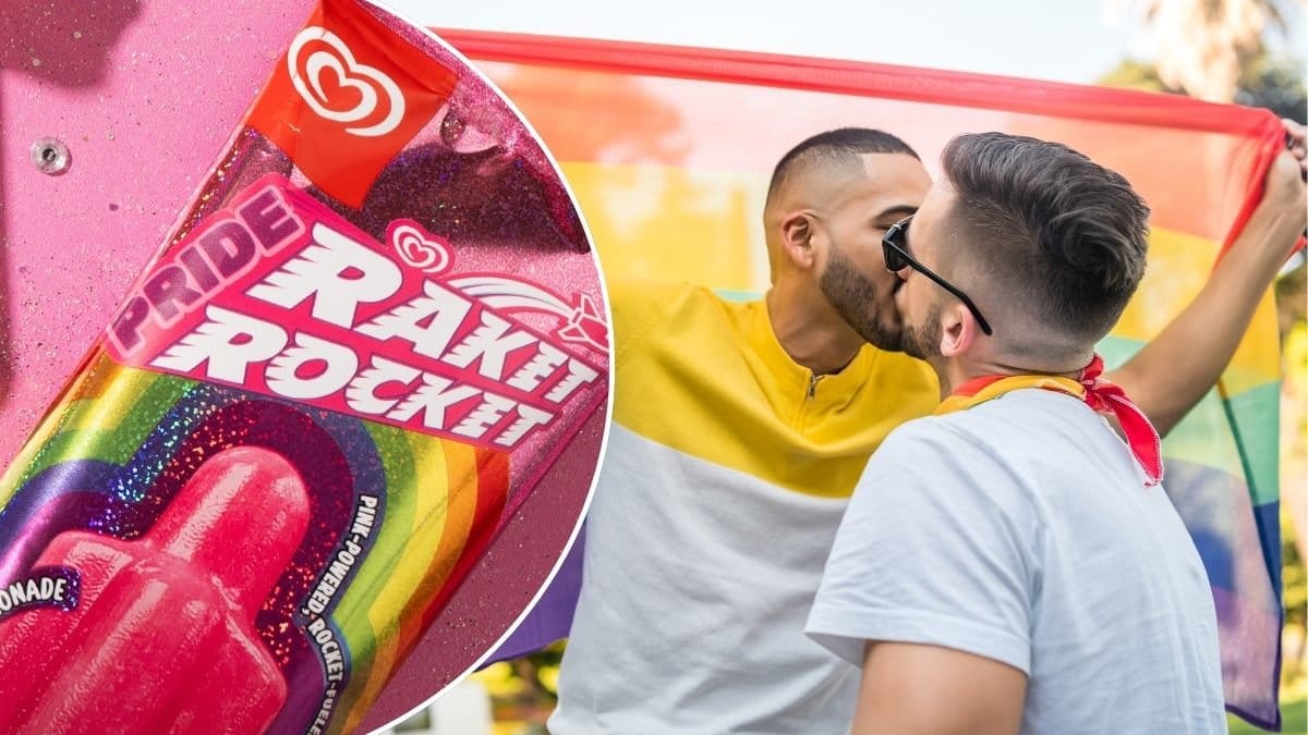 Bilder på en homosexuellt par och GB:s nya glass.