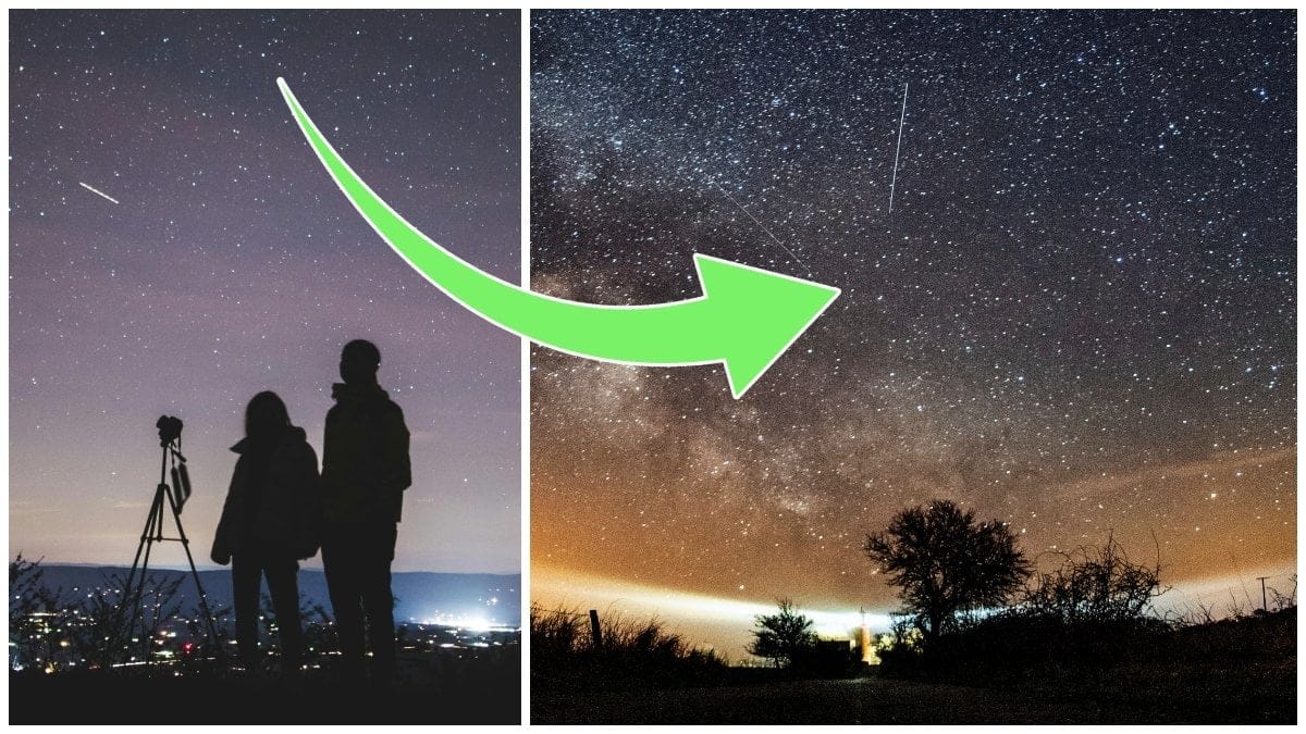 Kvinna och man som tittar på stjärnorna och meteorregnet Lyriderna. 