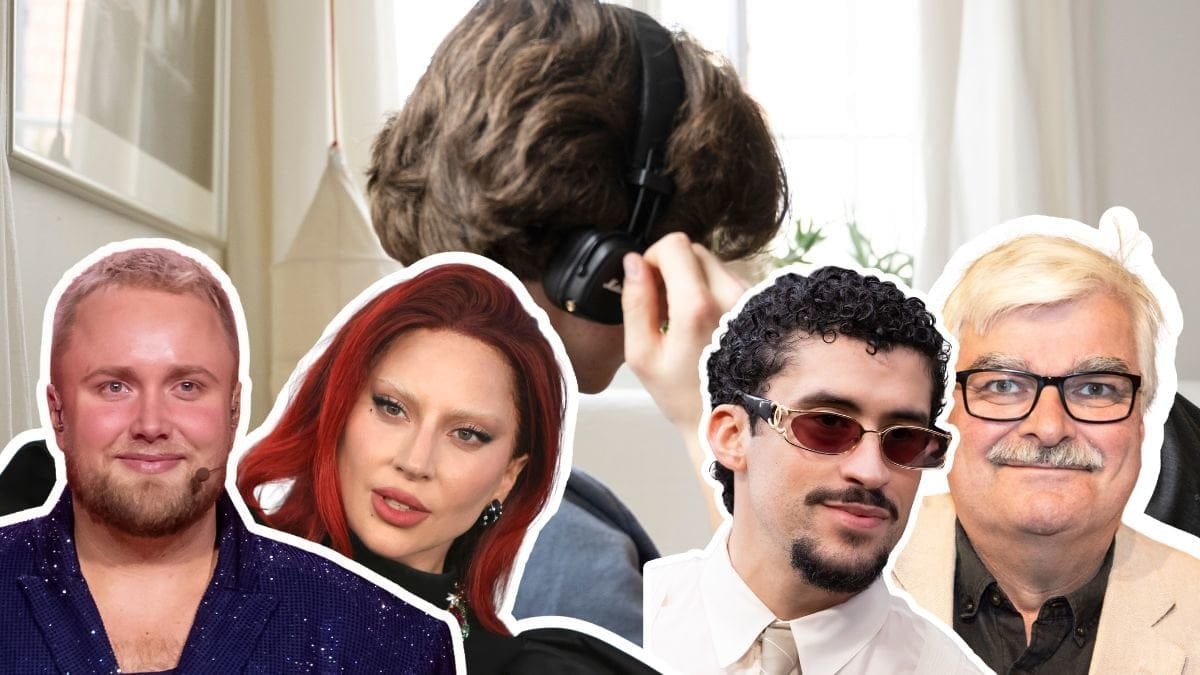 Kille med hörlurar i bakgrunden. Edvin Törnblom till höger, Lady Gaga bredvid Edvin Törnblom, Bad Bunny till höger, Håkan Juholt till höger. Alla personer är utklippta.