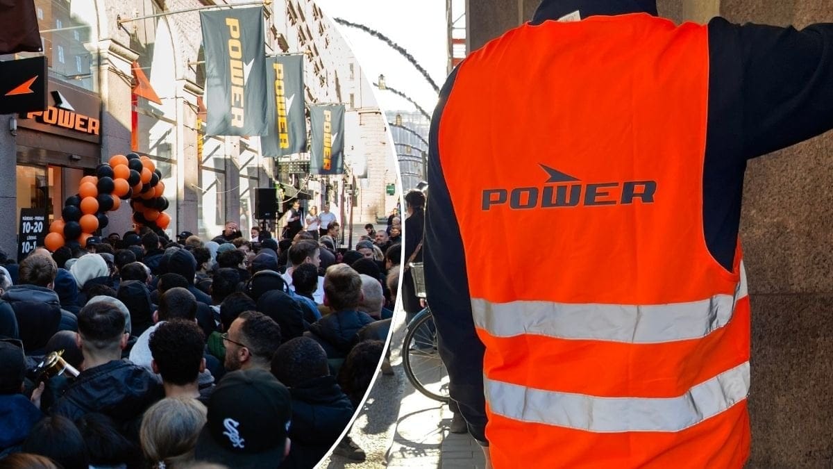 Köer i centrala Stockholm när Power öppnar nu butik och en person i Power-kläder.