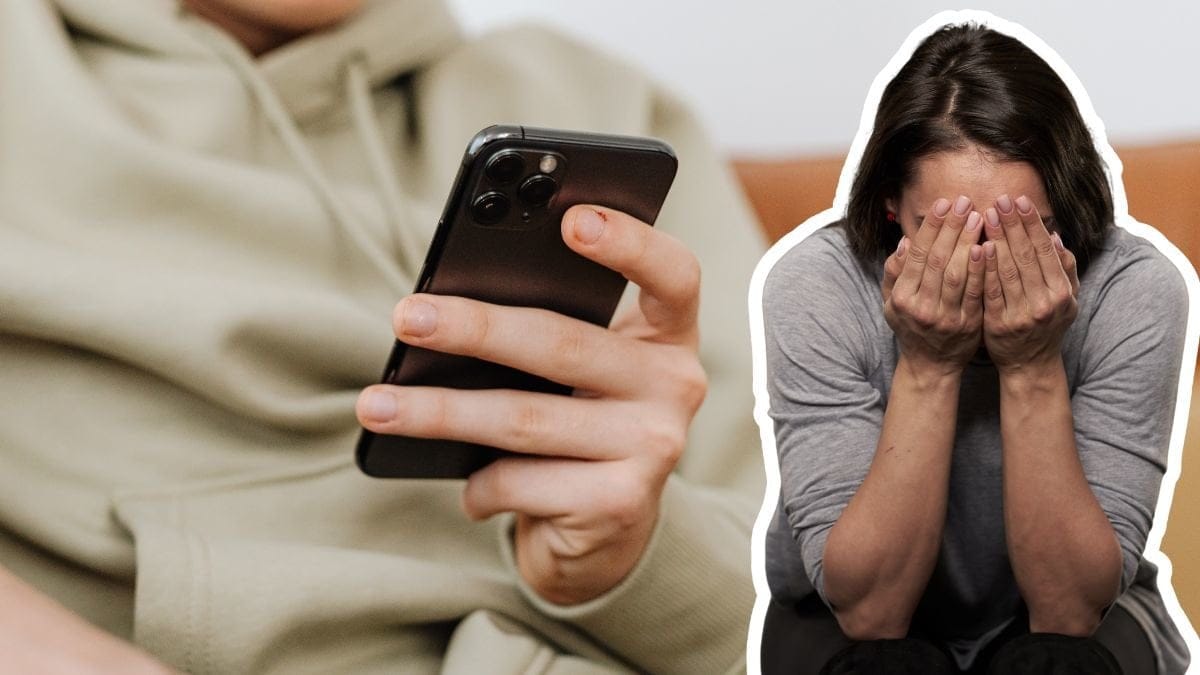 En person med mobilen i handen och en person som ser uppgiven ut med ansiktet begravt i händerna.