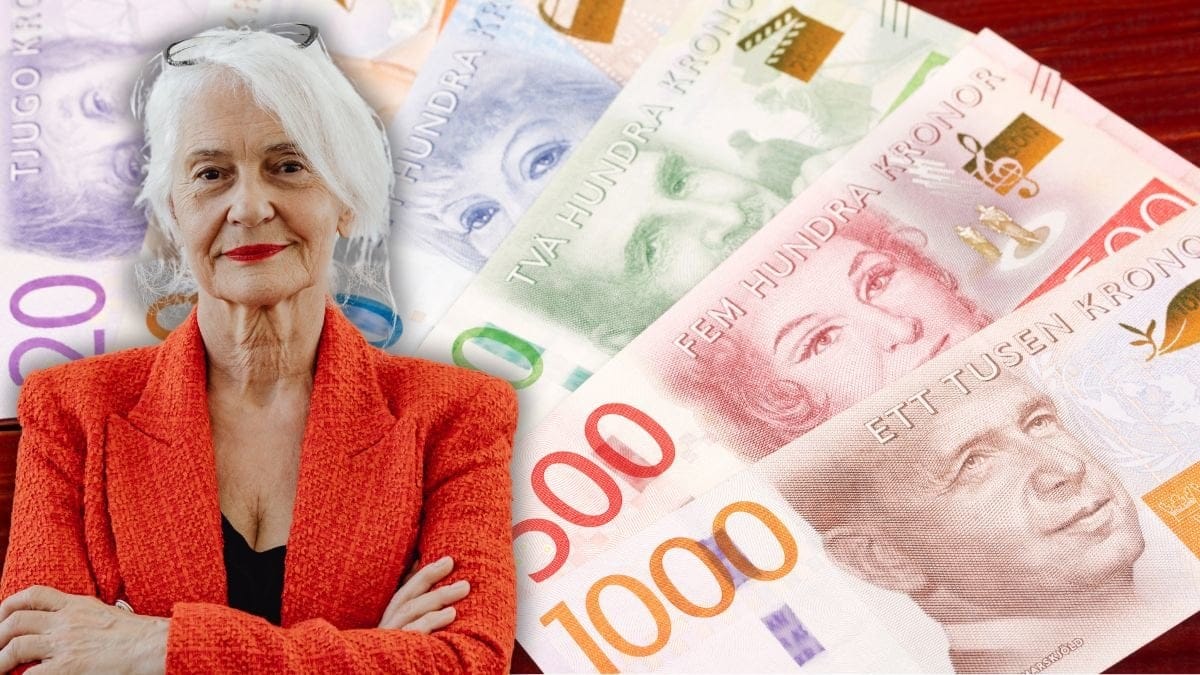 Kvinna med armarna i kors och sedlar i olika valörer.