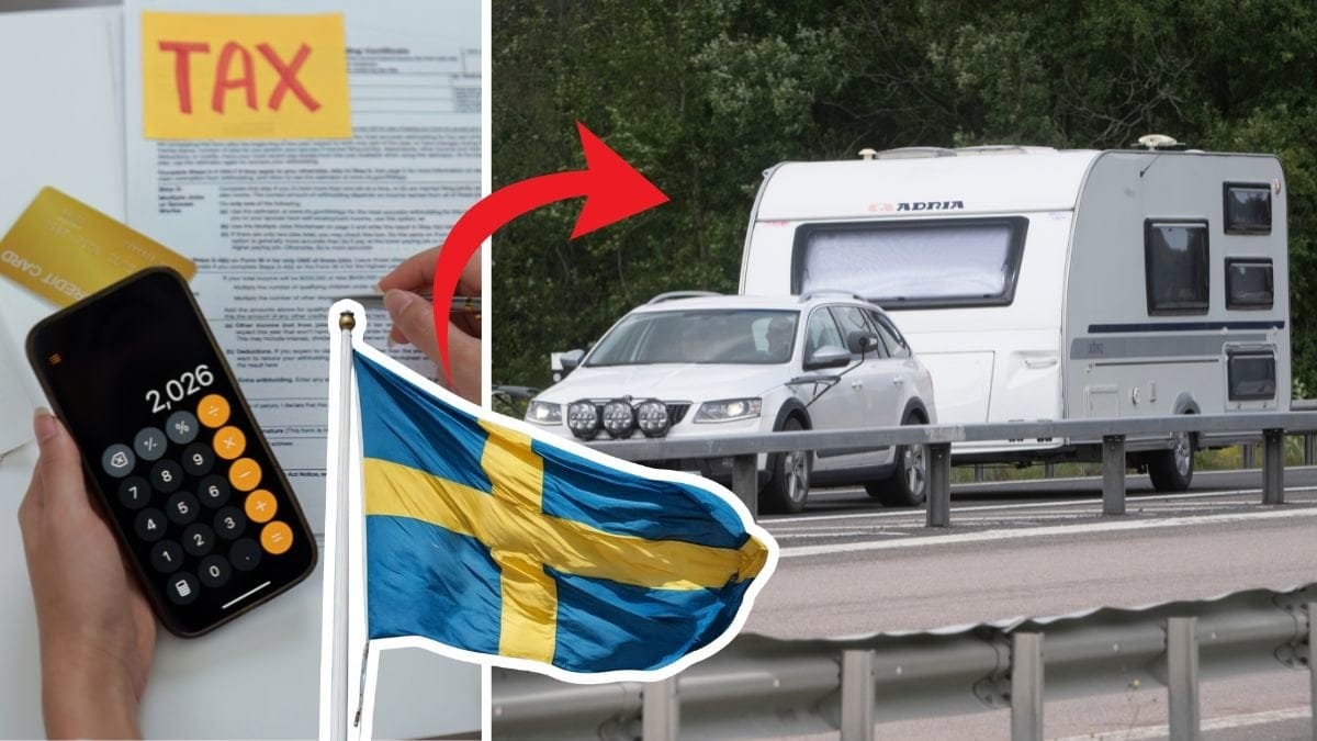 Miniräknare och skattetabell vänster. Svensk utklippt flagga vänster. Bil som kör husvagn till höger. 