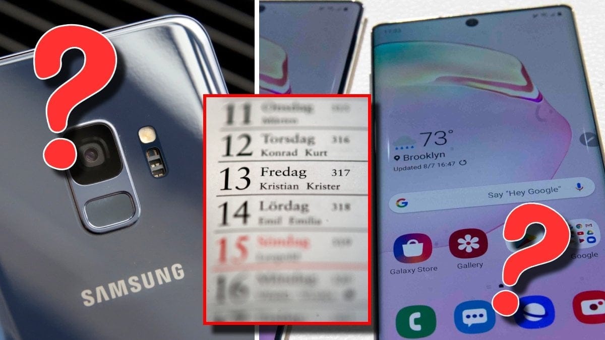 Baksidan på en Samsung-mobil, en kalender inzoomad på fredag den 13 och skärmen på en Motorola-mobil