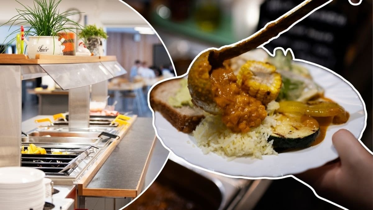 Bild på mat och en skolmatsal.