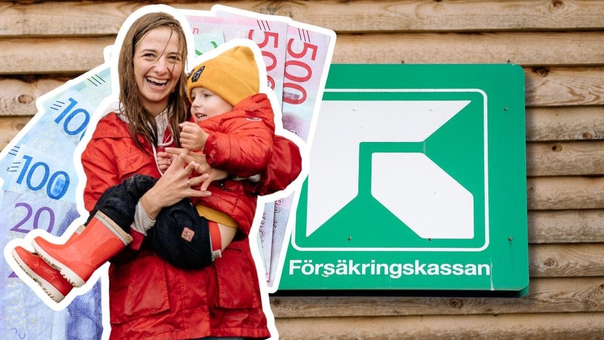 Mamma med barn, svenska sedlar och Försäkringskassans logga