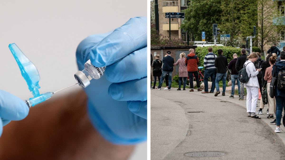 Kö för vaccinering i Malmö.