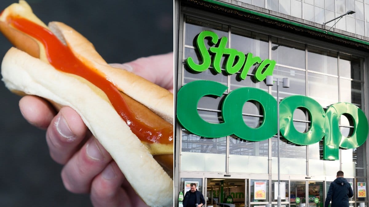 Bild på korv med bröd och entrén till Stora Coop.