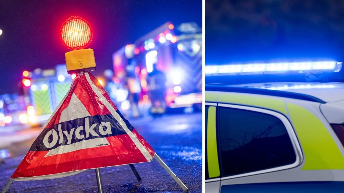 Olycka-skylt vänster. Blåjus höger.