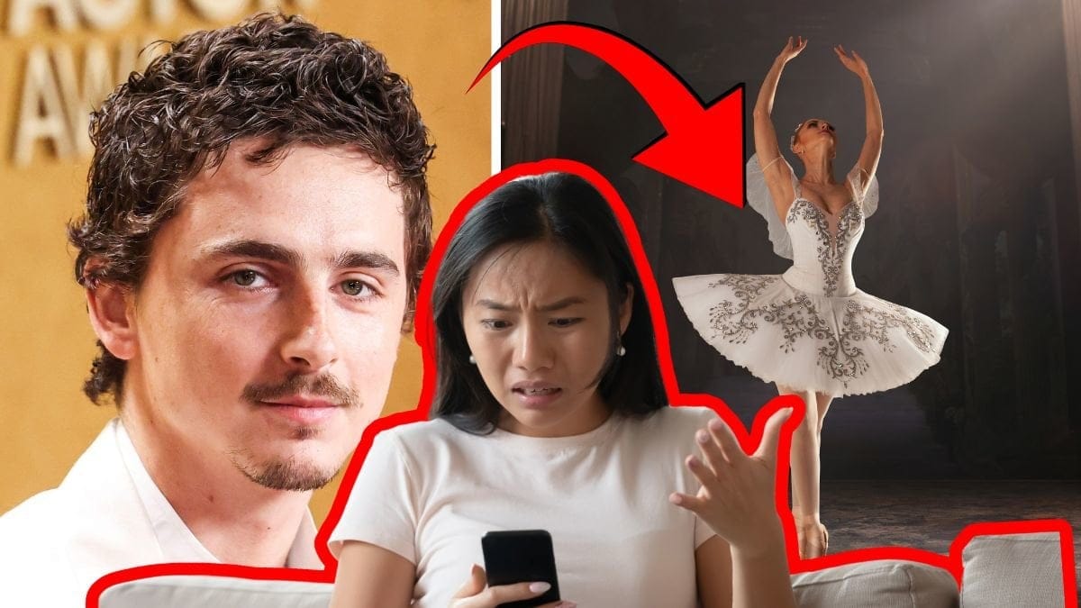 Timothée Chalamet vänster. Balettdansör höger. Utklippt bild på en kvinna som håller en mobil med en arg blick i mitten.