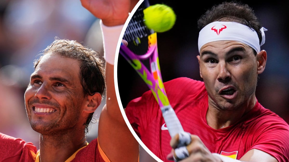 Rafael Nadal tackar publiken vänster. Rafael Nadal under en tennismatch höger.