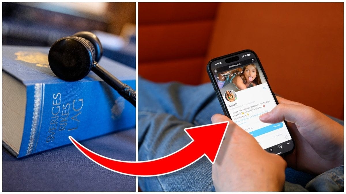 Svensk lagbok och en person som är inne på Onlyfans i mobiltelefonen.