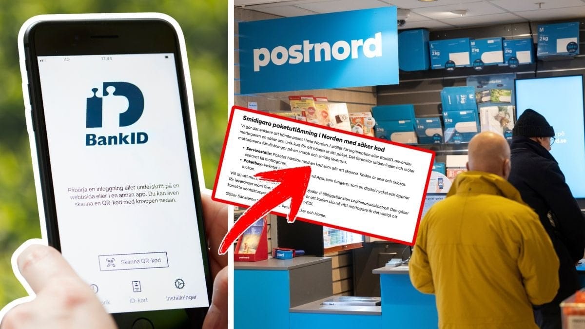 BankID-appen i en mobiltelefon och ett Postnord-ombud