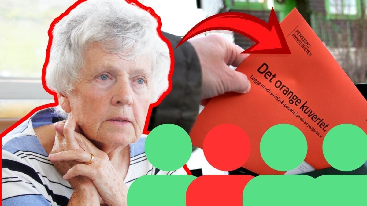 Äldre orolig dam vänster. Orangea pensions-kuvertet höger. Fyra siluetter av personer utklippta vänster, tre av dem är gröna och en är röd.