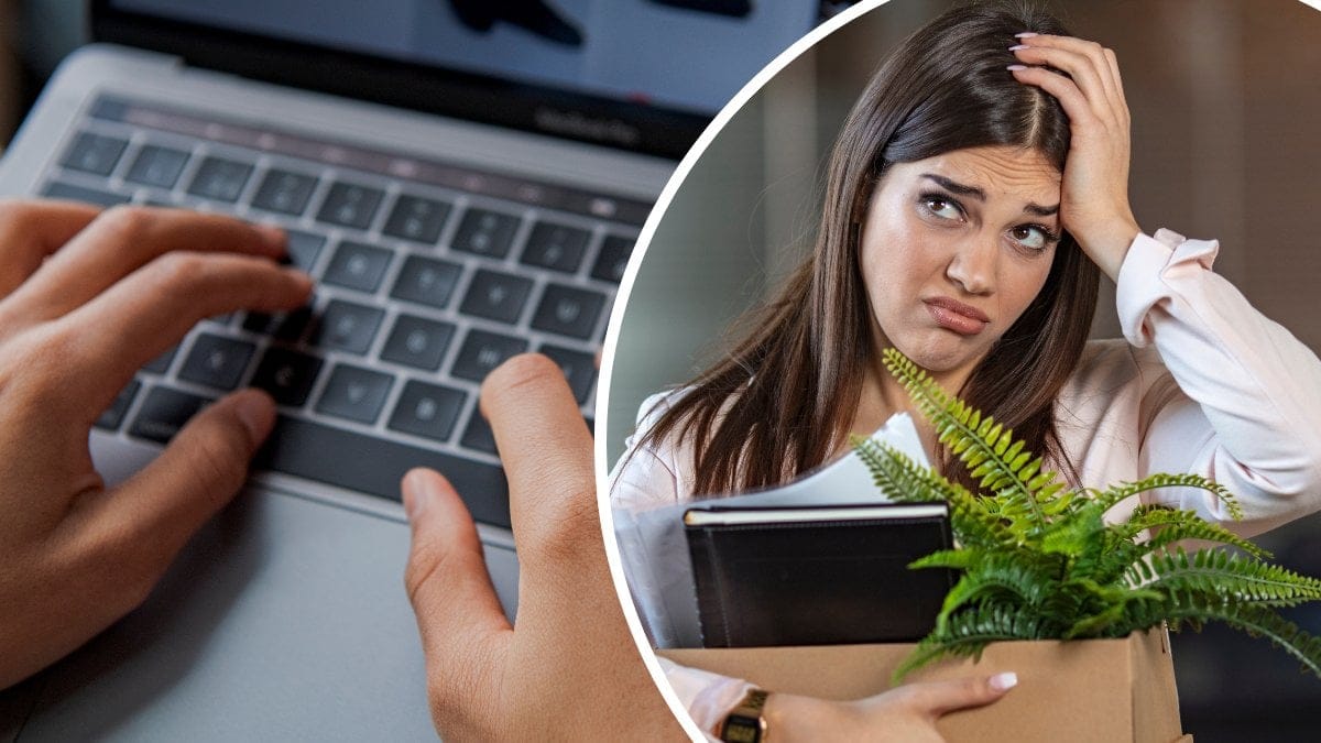 Person med finrar på ett dator-tangentbord vänster. En kvinna med frustrerad min som håller en låda med kontorsmaterial höger.