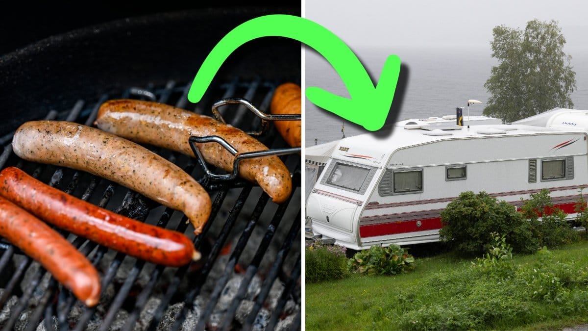 Bilden till vänster visar korvar på grill. Bilden till höger visar en husbvagn.