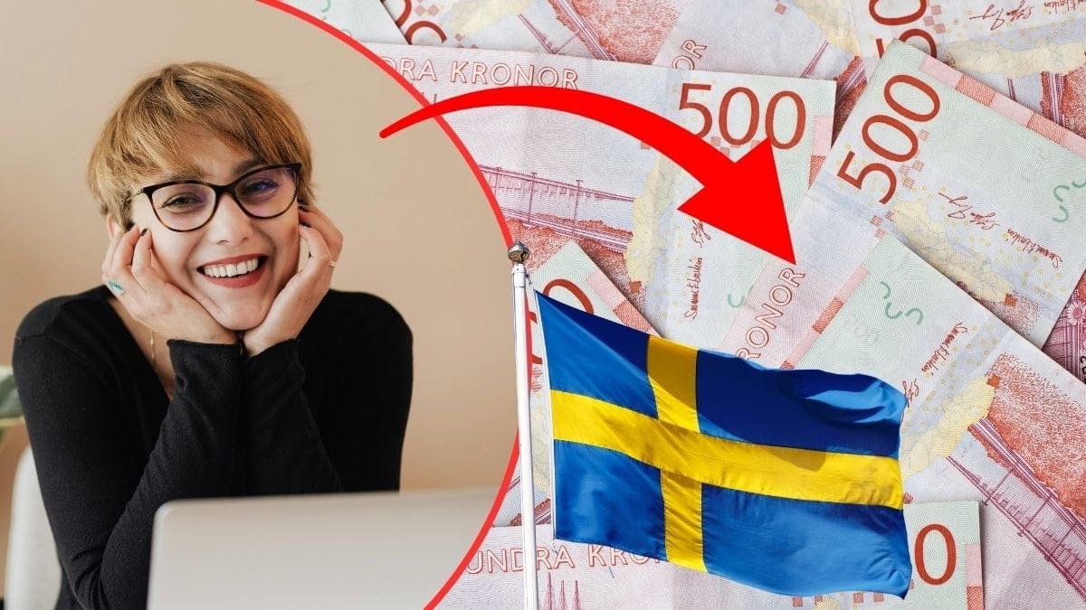 Glad kvinna, svensk flagga, 500-lappar.