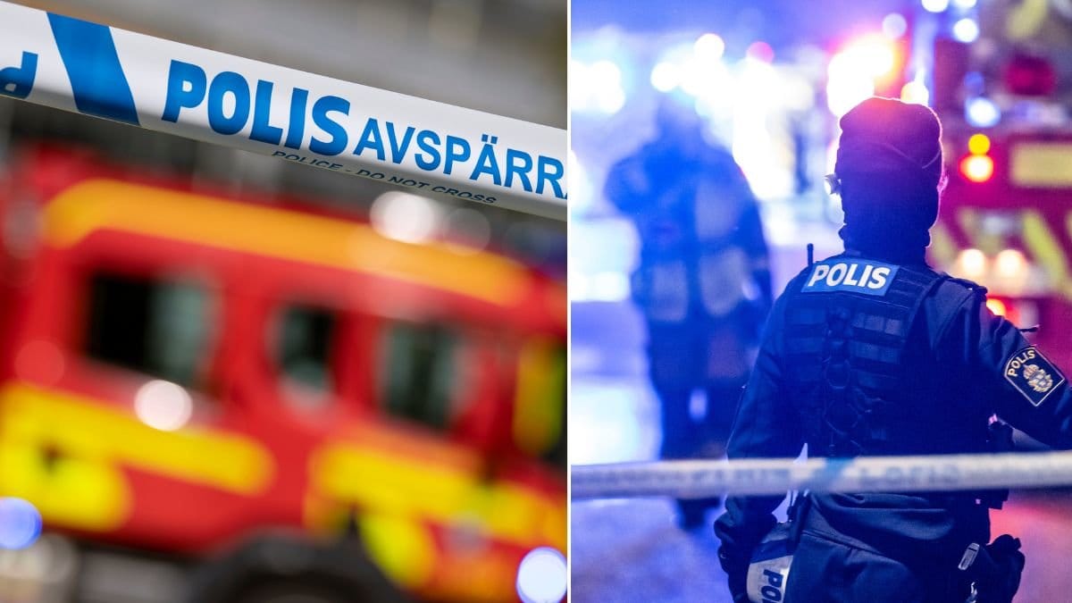 Brandkår, polis och avspärrning.