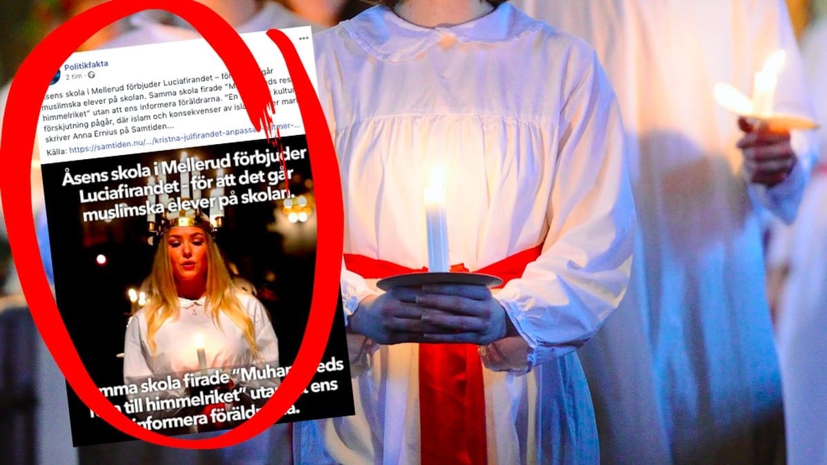Ett lucia-tåg. Skärmdump från Politikfakta är inklippt. Montage