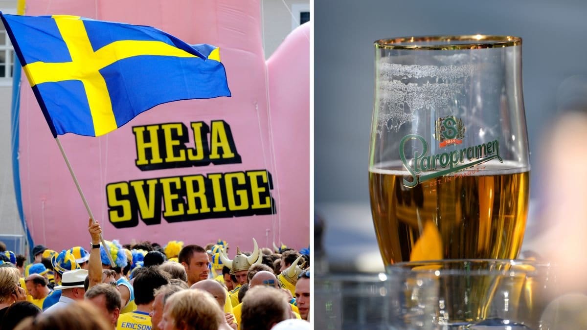 Heja Sverige på en fotbollsmatch och en öl i ett glas på en uteservering.