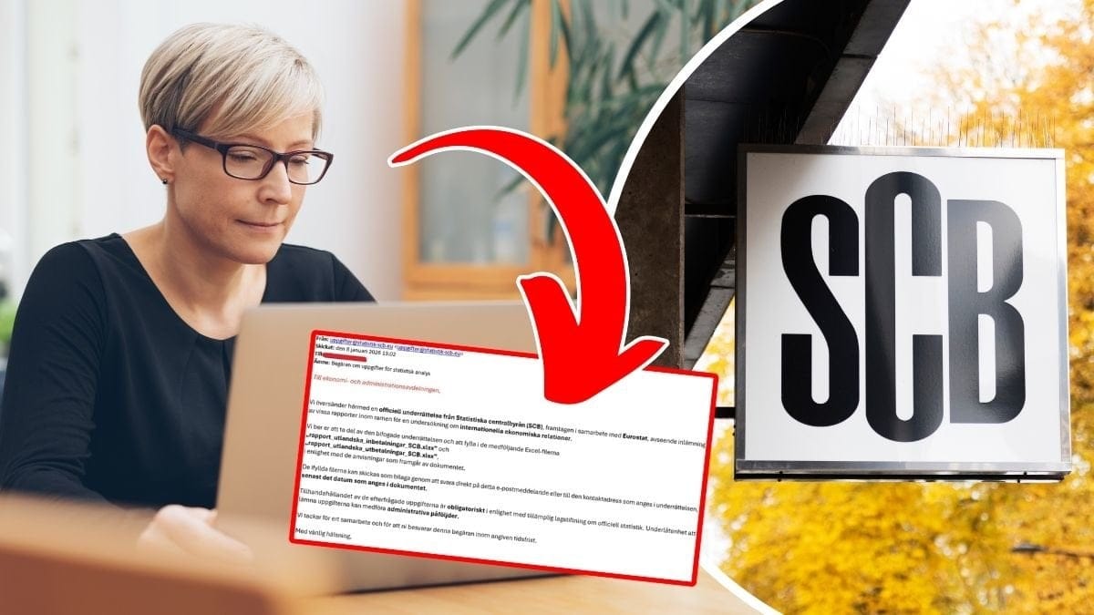 Kvinna framför dator och SCB:s skylt