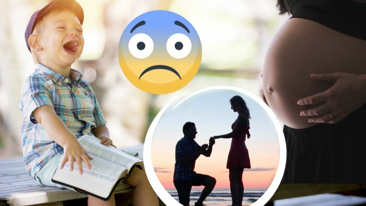 Pojke som skarattar. Förlovning. Gravid kvinna. Smiley som ser besvärad ut